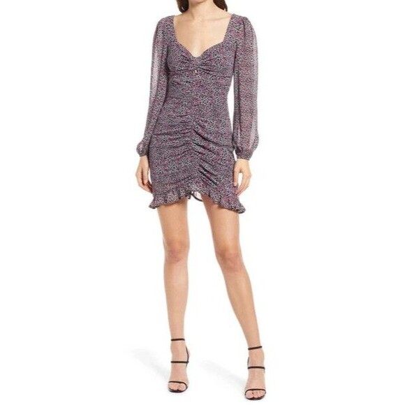 Floret Studios Mini Dress M Medium Long Sleeve Ruched Ditsy Magenta Floral - Picture 1 of 7